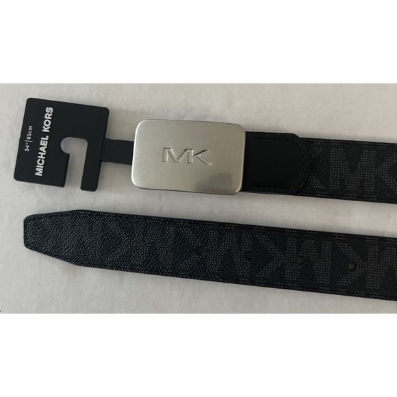 Michael Kors 86S3SBLY7B Men Sz 34 Black MK Silver 31mm Fast MK Plaque Belt - Picture 8 of 8